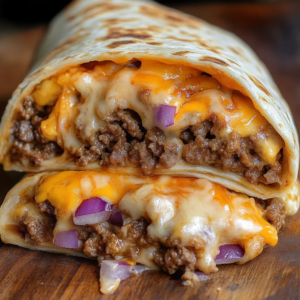 A cheeseburger burrito on a wooden table.
