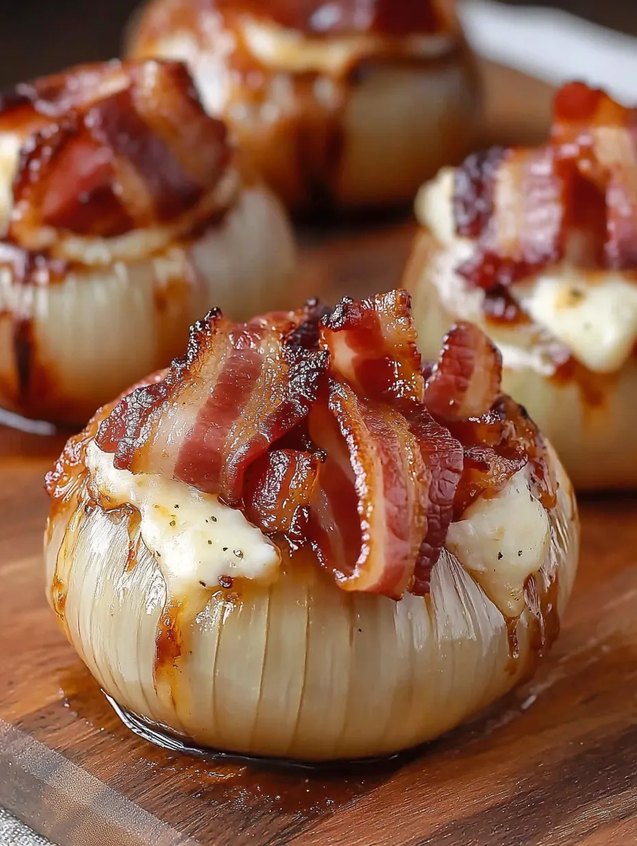 Bacon cheddar onion bombs on a wooden table.