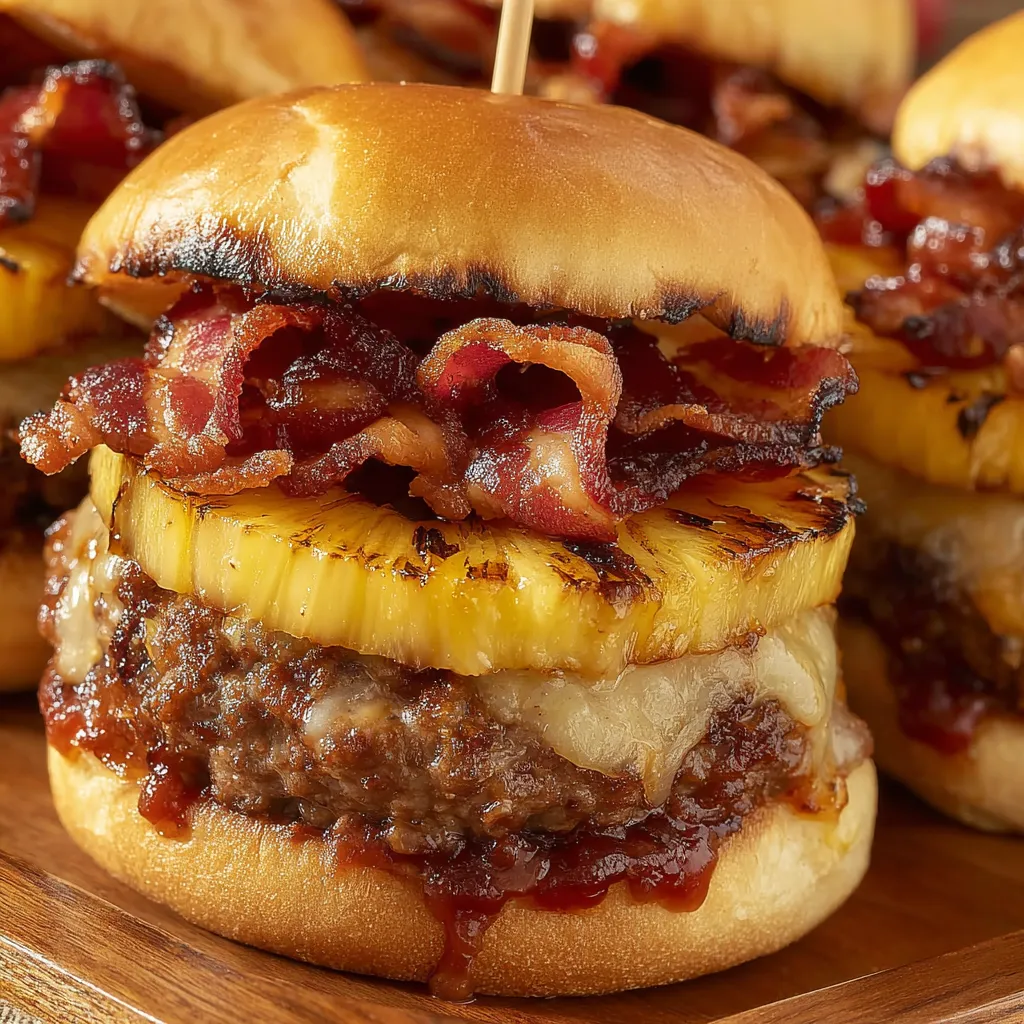 A close up of a pineapple bacon burger.