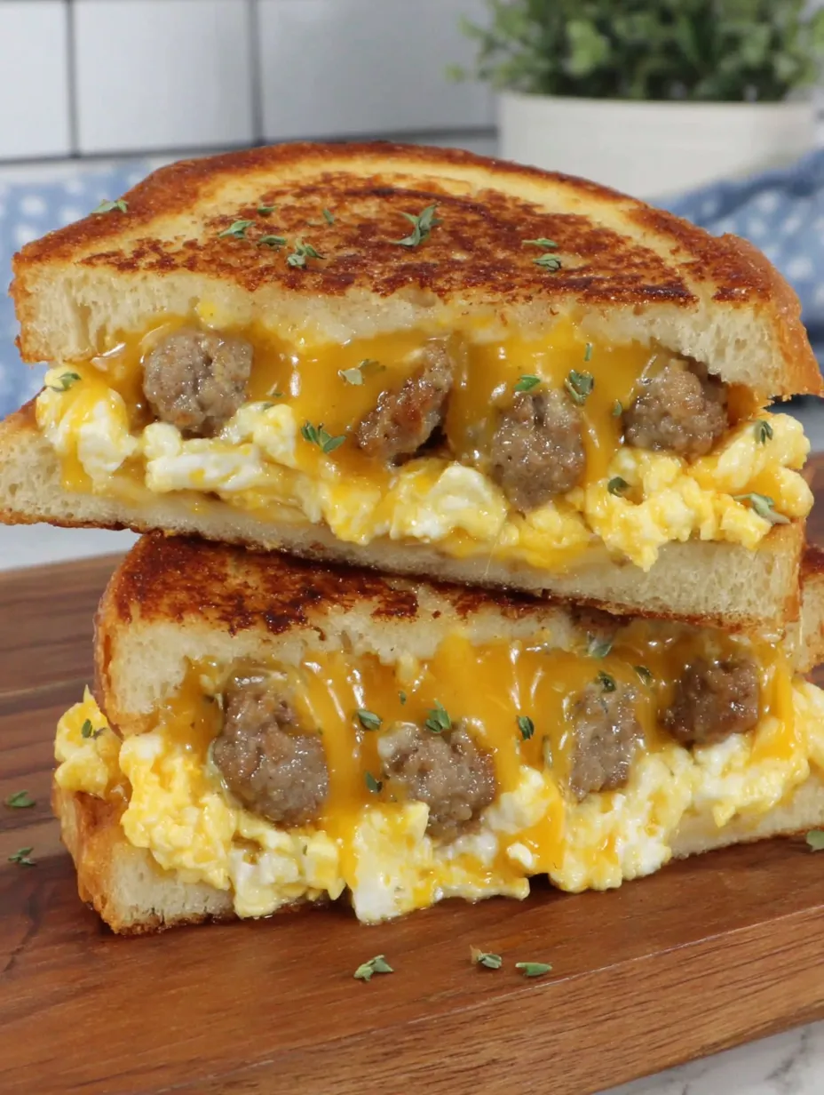 A grilled cheese sandwich with eggs and sausage.