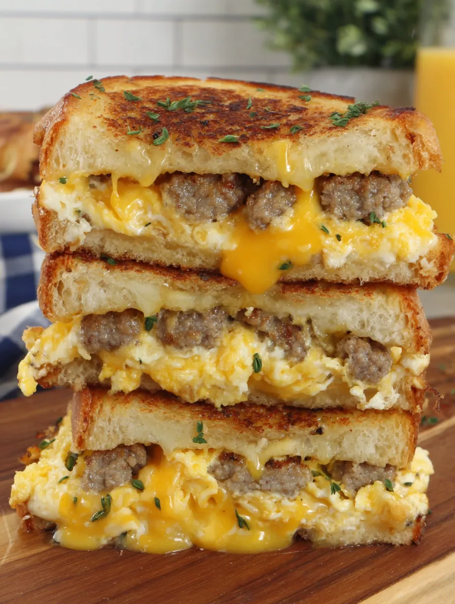 A stack of grilled cheese sandwiches with eggs.