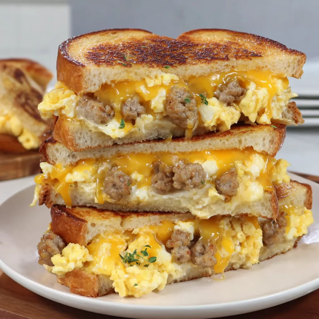 A stack of grilled cheese sandwiches with eggs.