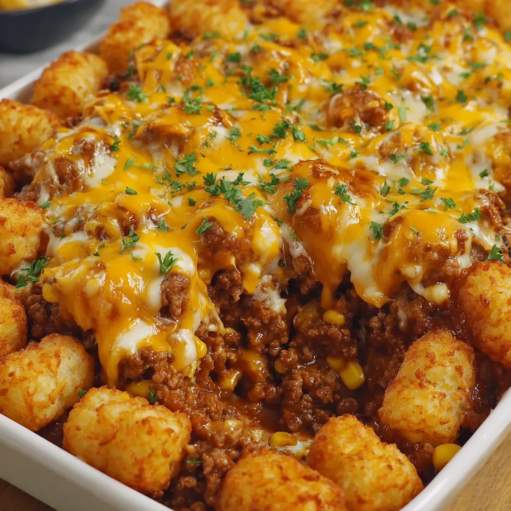 A delicious cowboy casserole with tater tots and cheese.