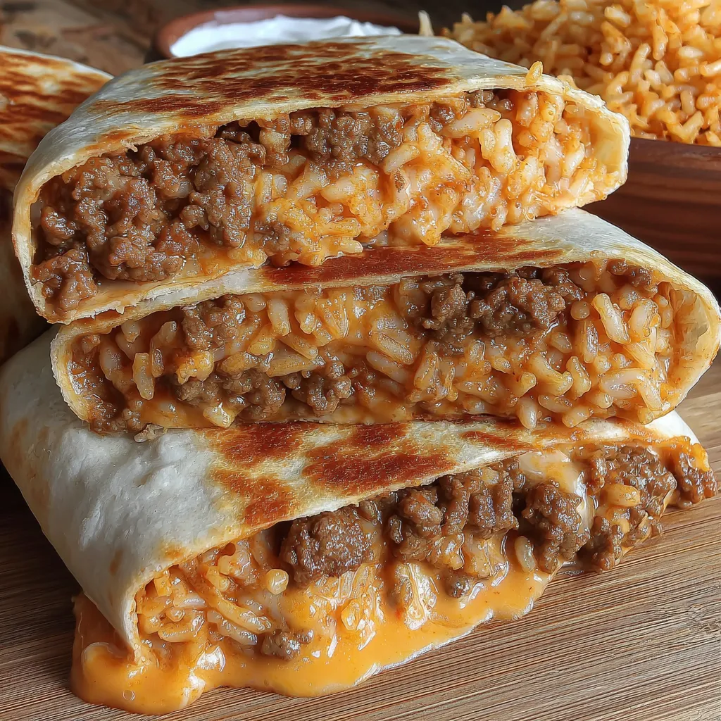 A grilled cheese burrito with rice and meat.