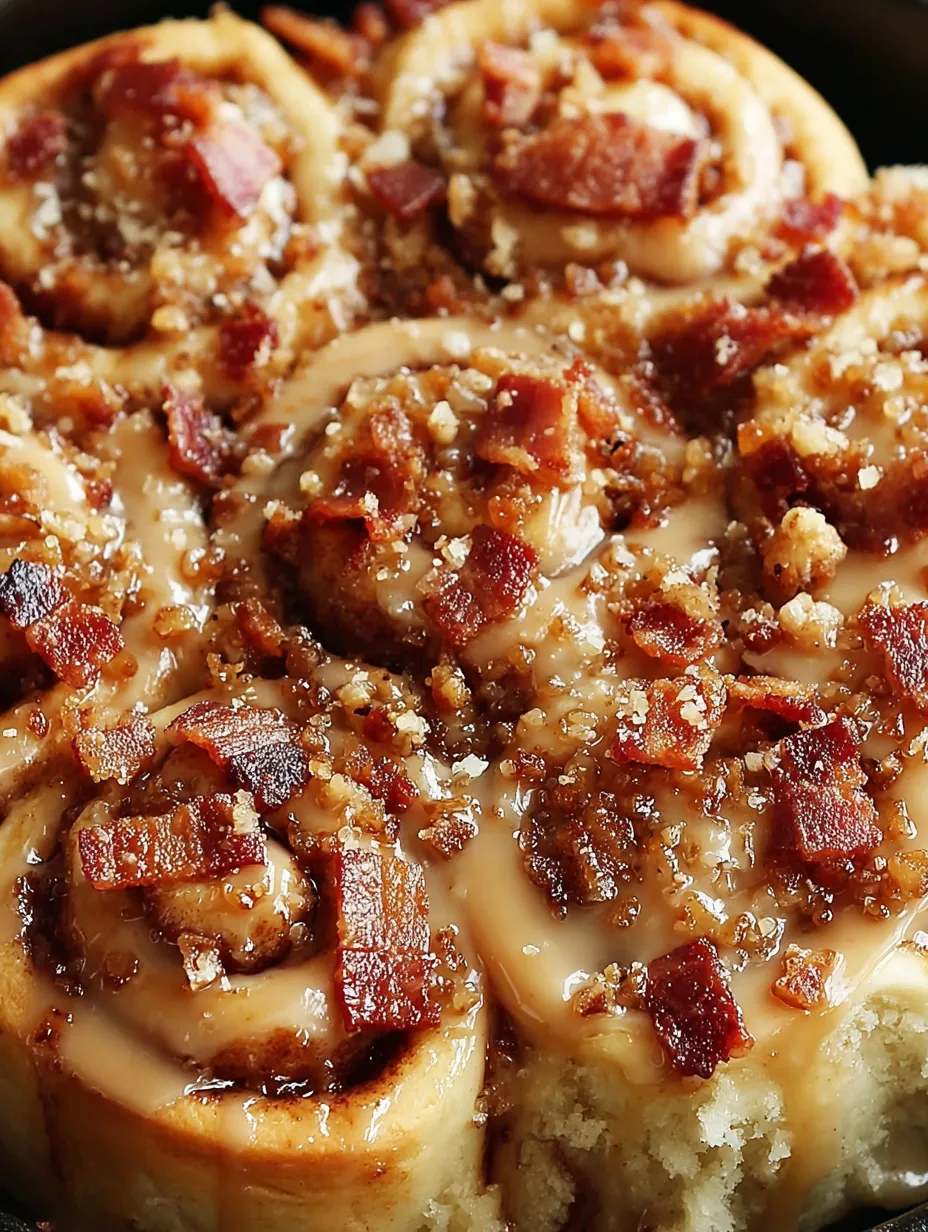 A close up of a bourbon maple bacon cinnamon roll.