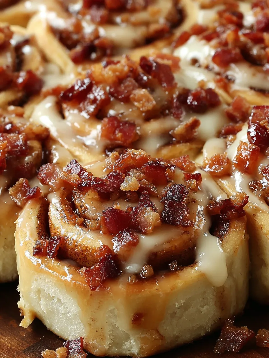 A close up of a bourbon maple bacon cinnamon roll.