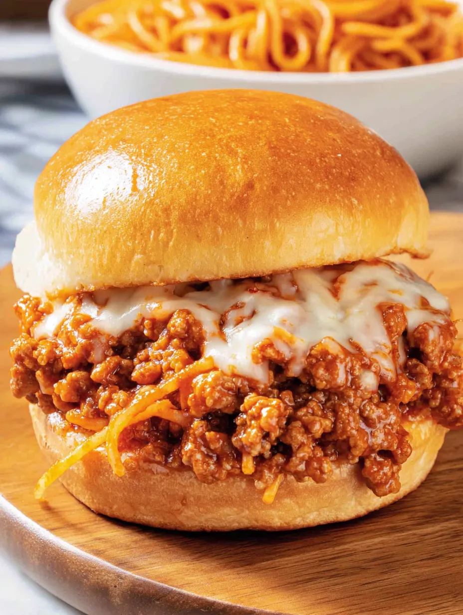 A cheesy spaghetti sloppy joes sandwich.
