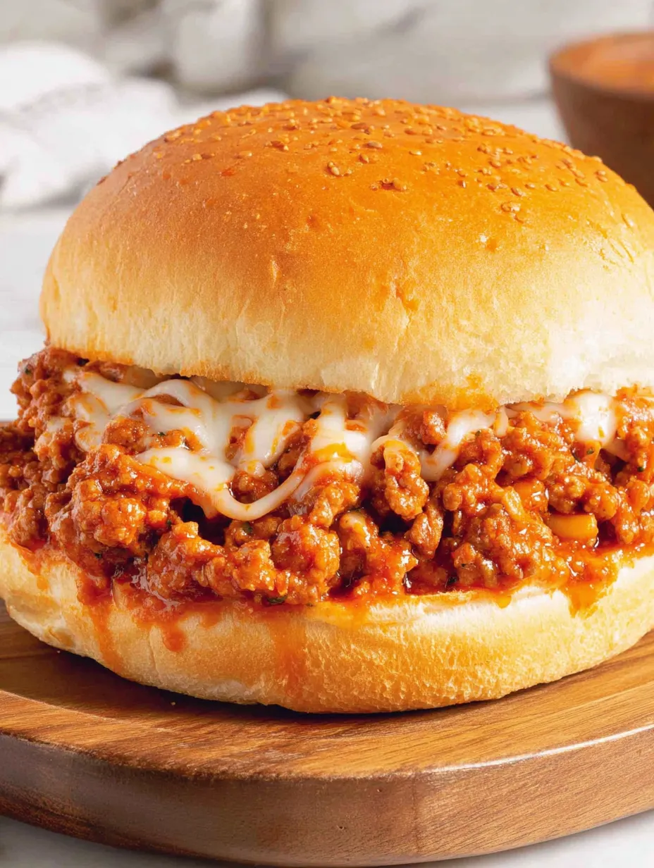 A cheesy spaghetti sloppy joes sandwich.