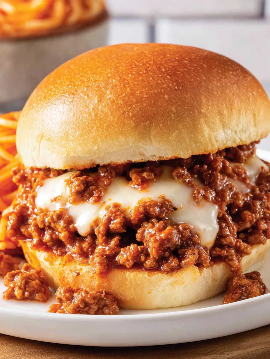 A cheesy spaghetti sloppy joes sandwich.