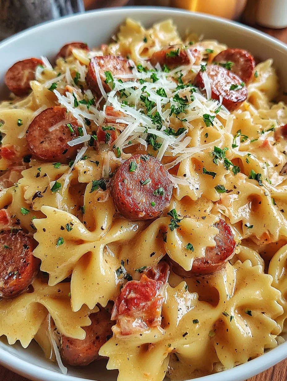 A bowl of pasta with sausage and cheese.