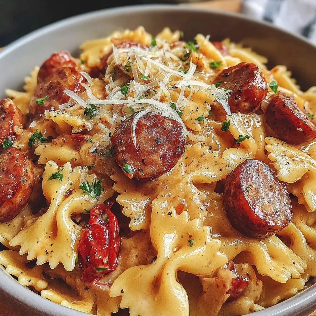 A bowl of pasta with sausage and cheese.