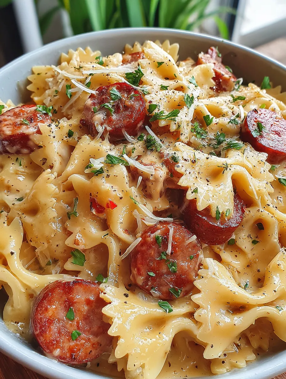 A delicious one pot smoked sausage pasta.