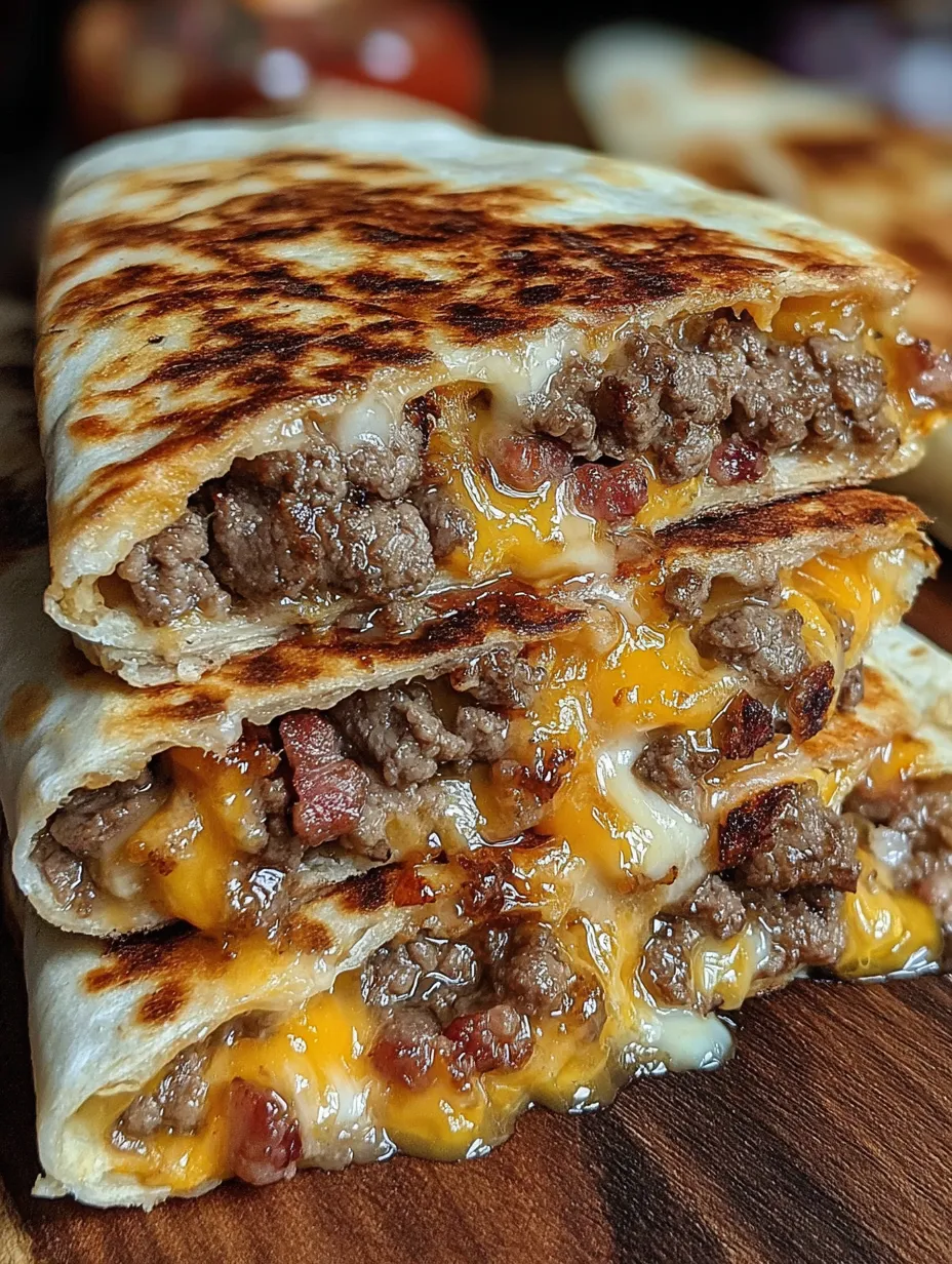A close up of a burger quesadilla.
