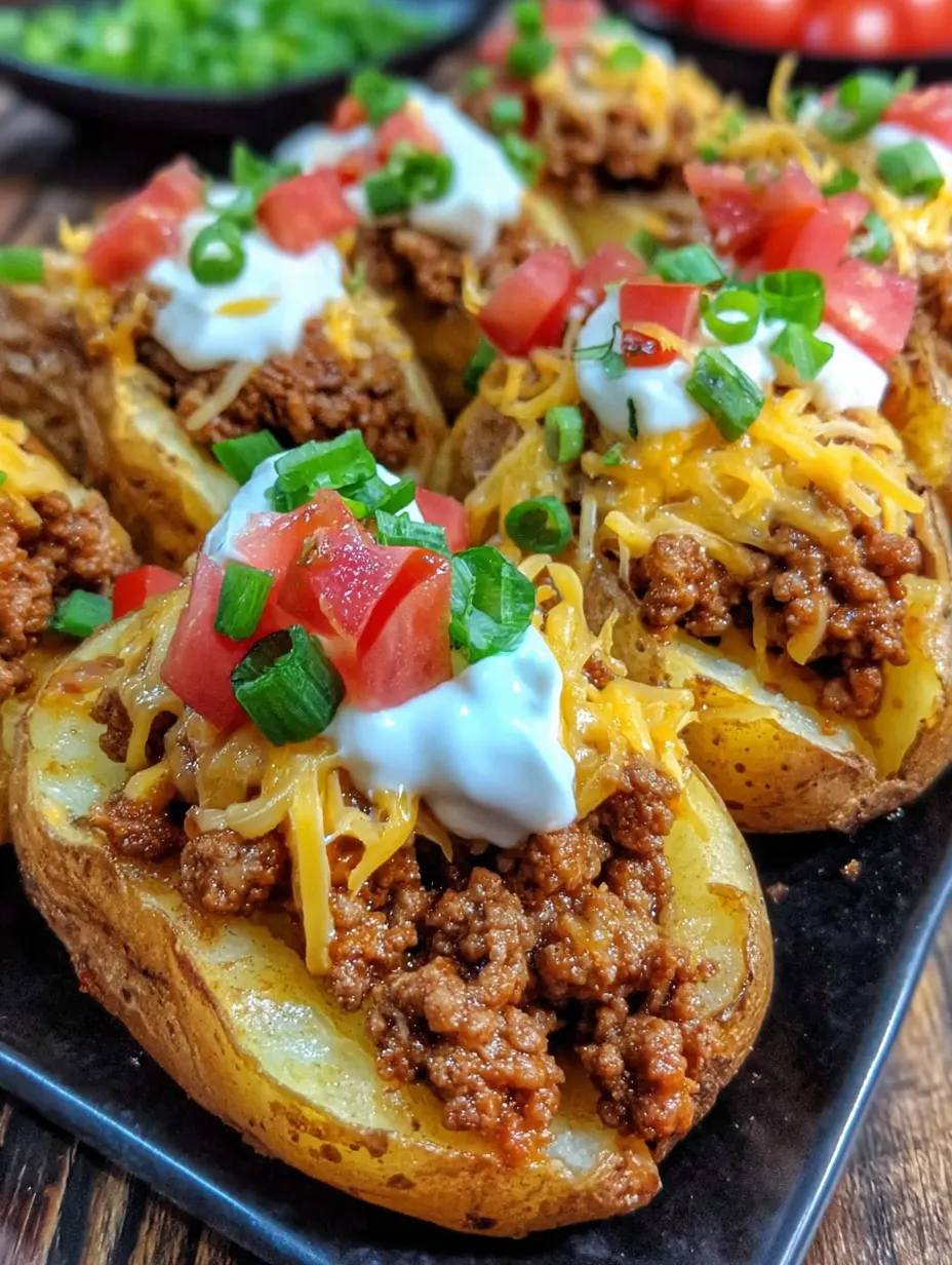A plate of loaded baked potatoes with cheese and tomatoes.