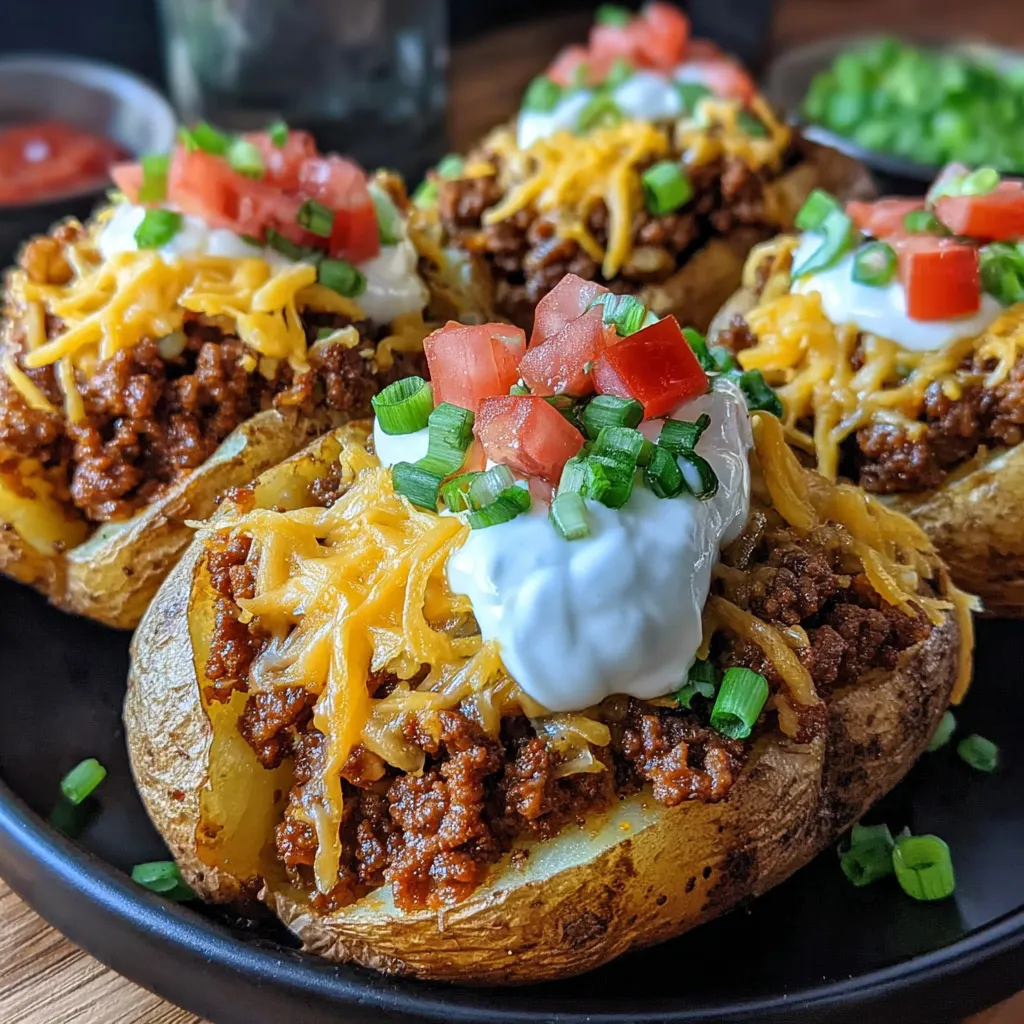 A plate of loaded baked potatoes with cheese and tomatoes.