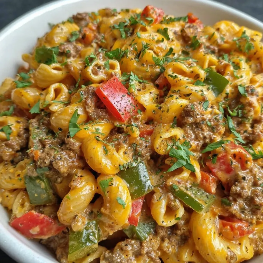 A bowl of pasta with meat and peppers.