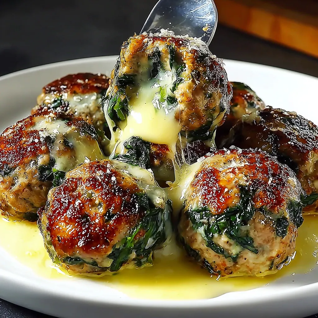 Mozzarella cheese dripping off of spinach garlic meatballs.