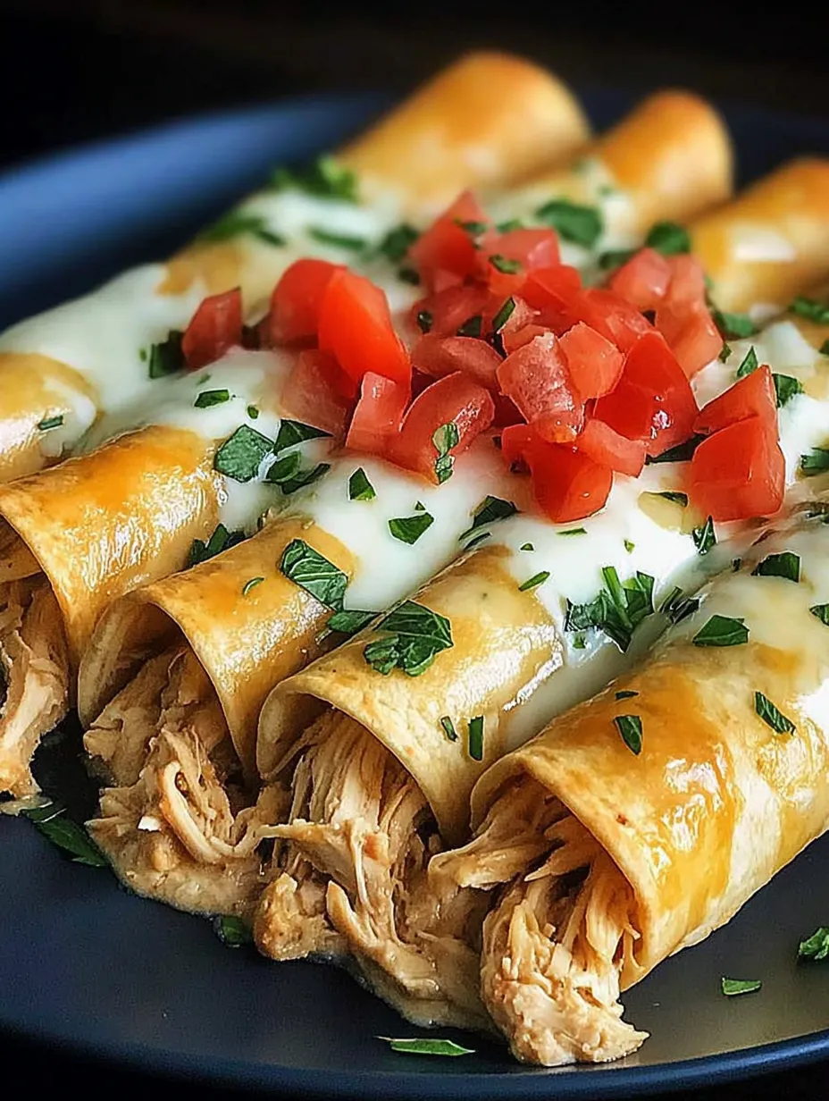 Baked cream cheese chicken taquitos with tomatoes and green onions.