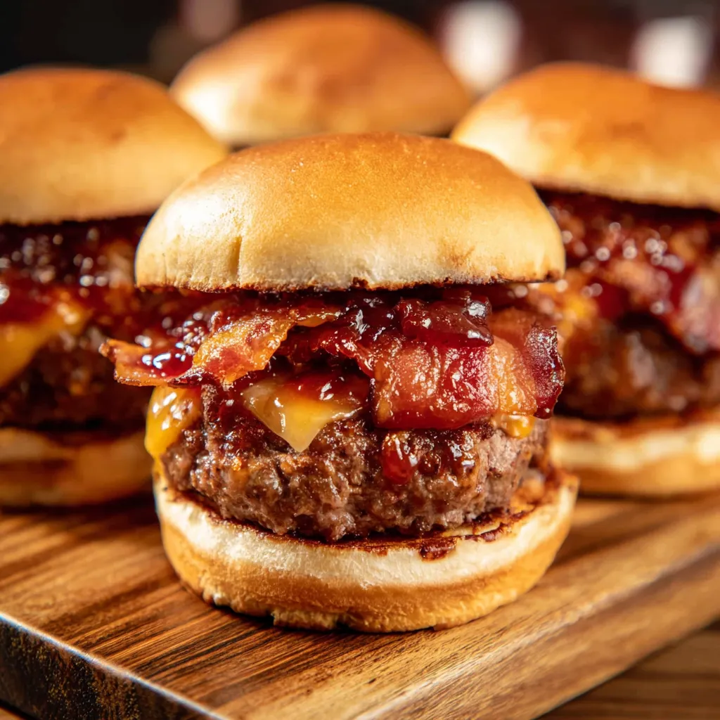 Four juicy elk bacon burgers on a wooden tray.