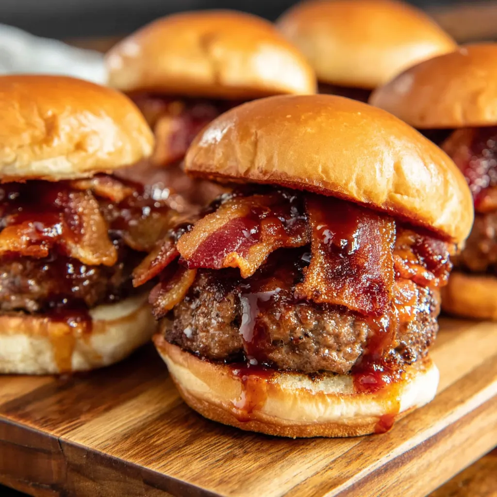 Four juicy elk bacon burgers on a wooden platter.