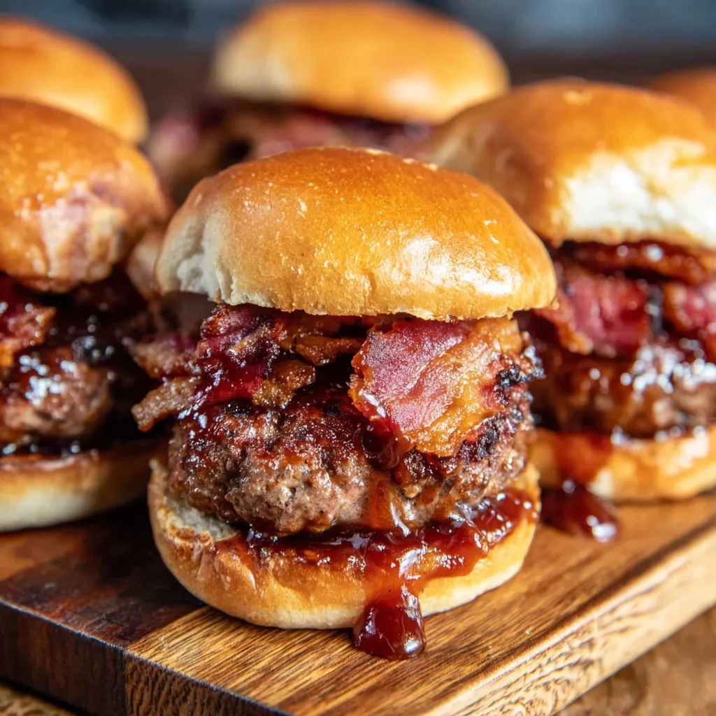 Four juicy elk bacon burgers on a wooden platter.