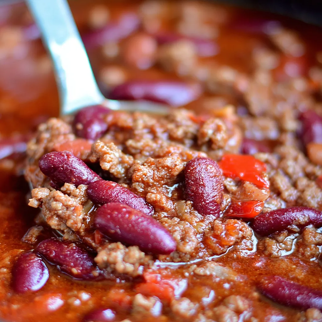 A close up of a spoon in a bowl of chili.