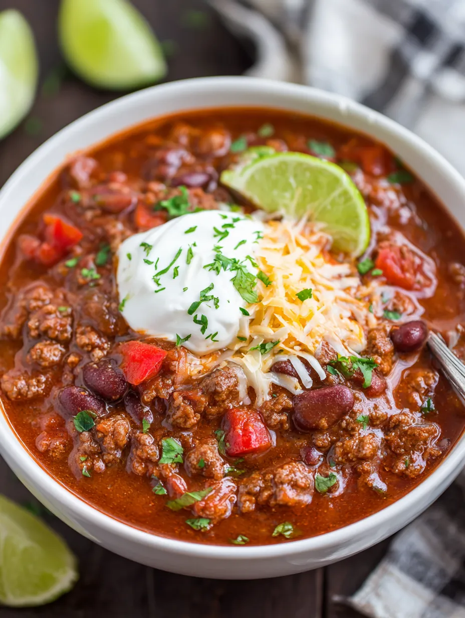 A bowl of chili with a spoon in it.