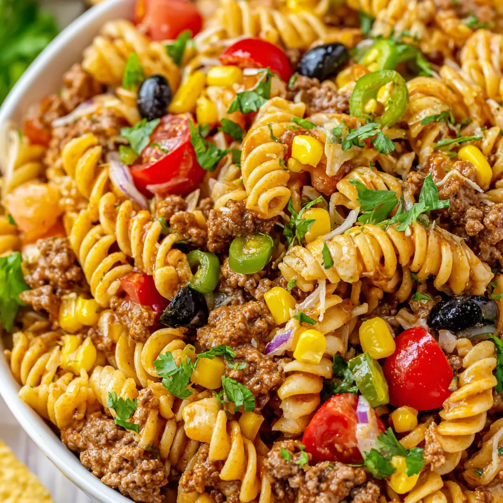 A bowl of pasta salad with tomatoes, corn, and olives.
