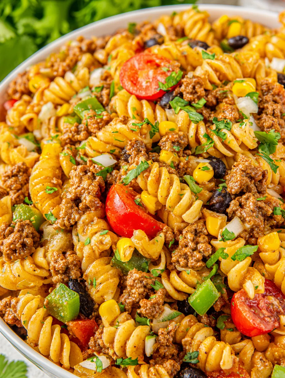 A bowl of pasta salad with tomatoes, corn, and beans.