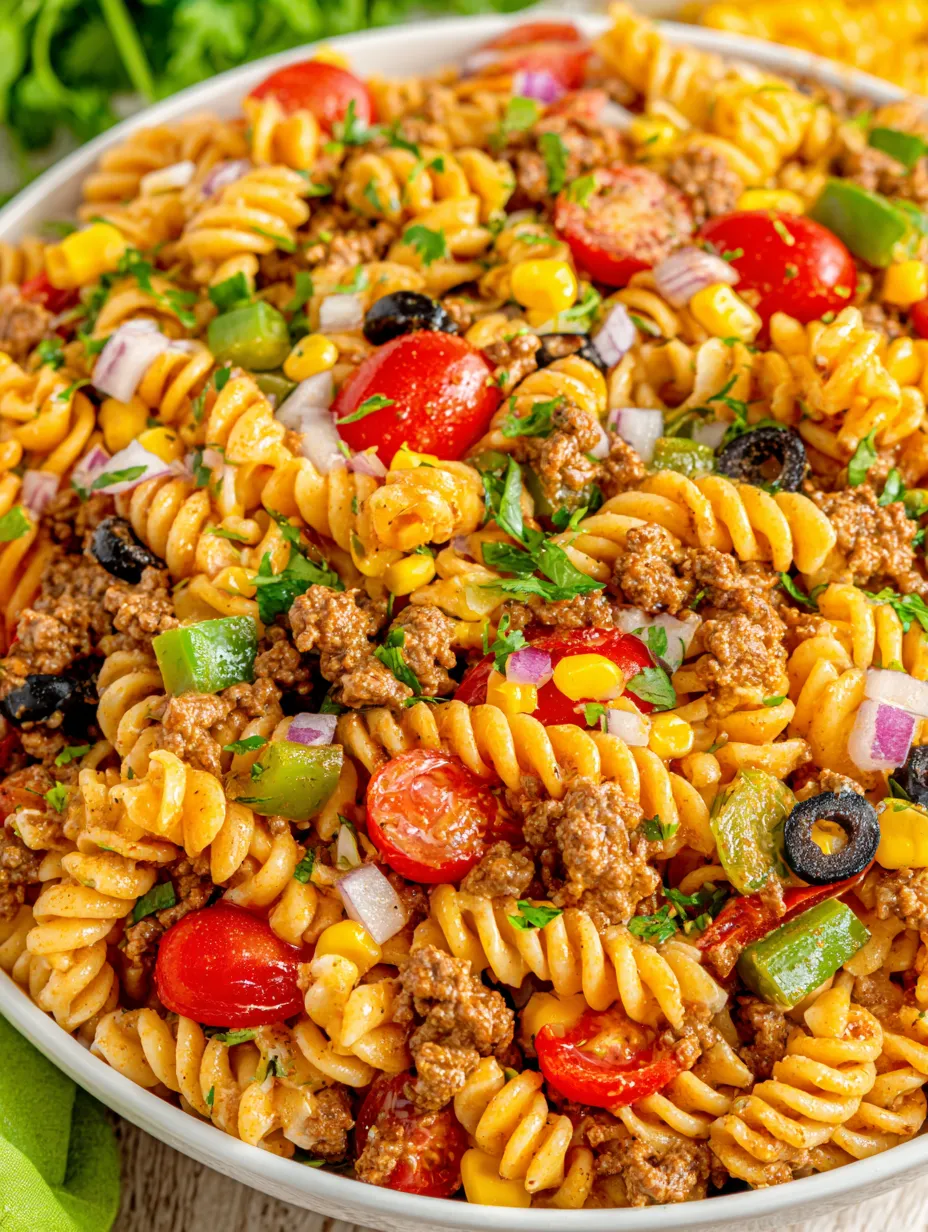 A bowl of pasta salad with tomatoes, corn, and olives.