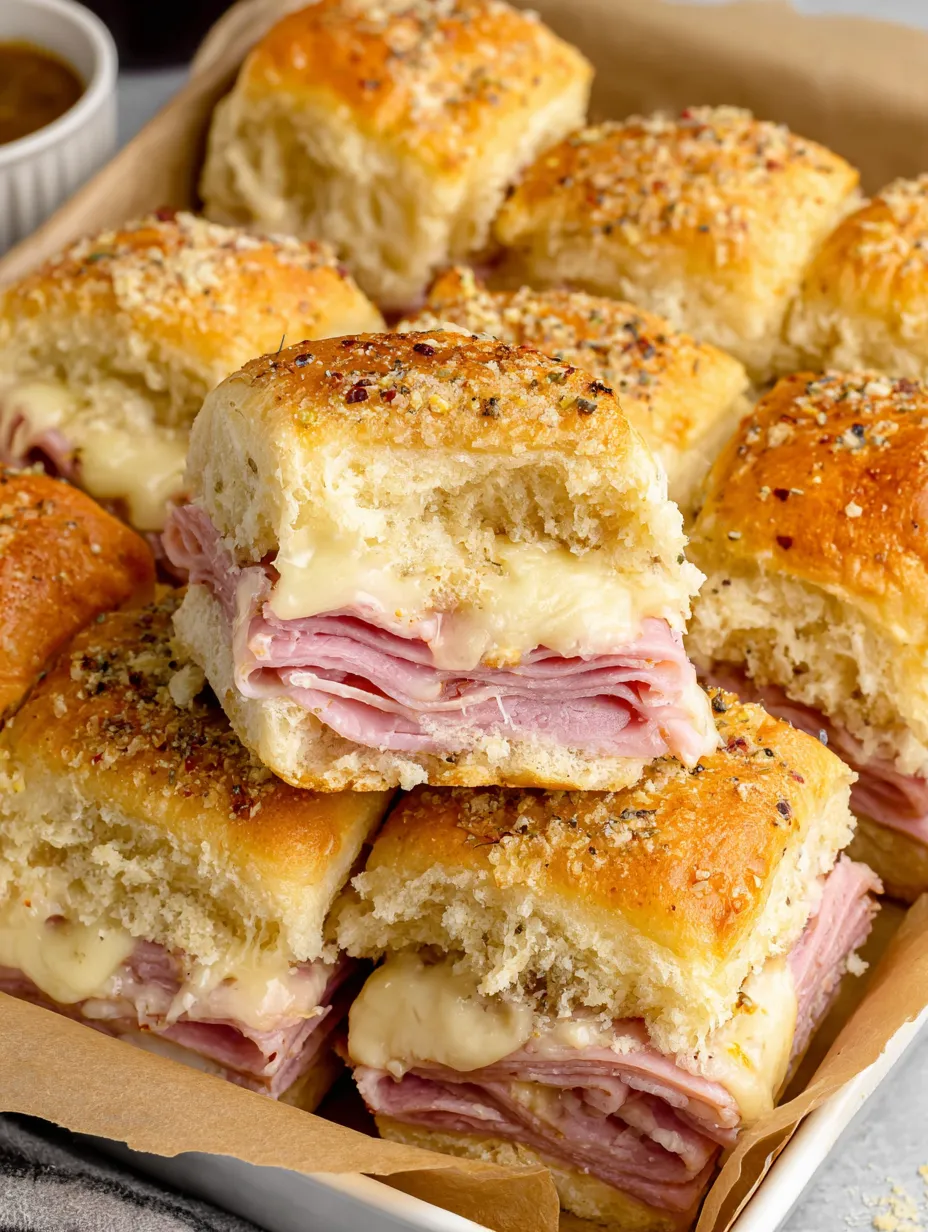 A tray of ham and cheese sliders.