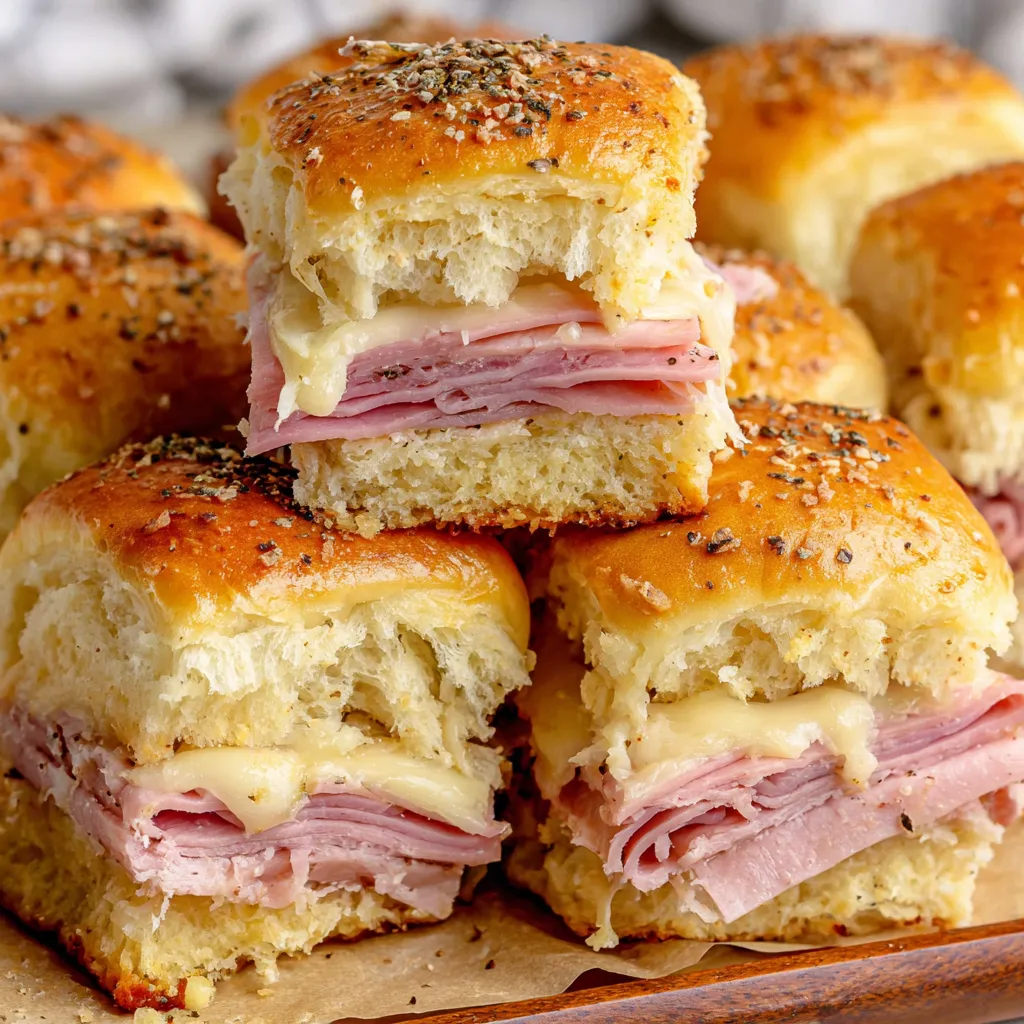 A plate of ham and cheese sliders.