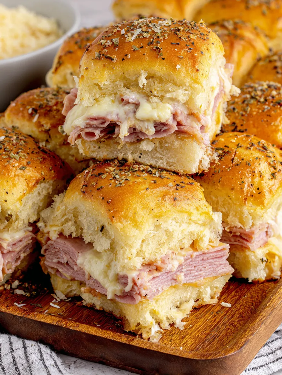 A plate of ham and cheese sliders.
