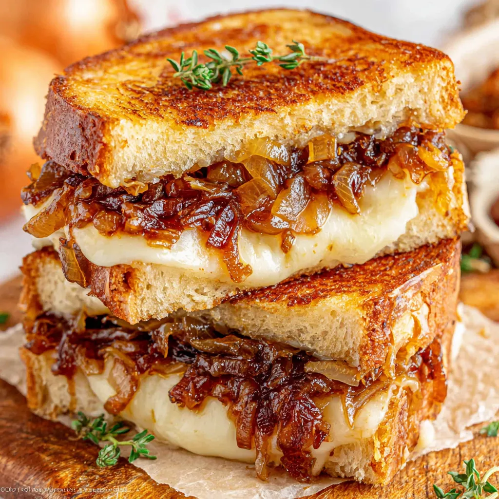 A grilled cheese sandwich with onions on top.