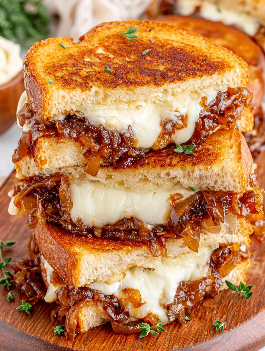 A stack of grilled cheese sandwiches with onions.
