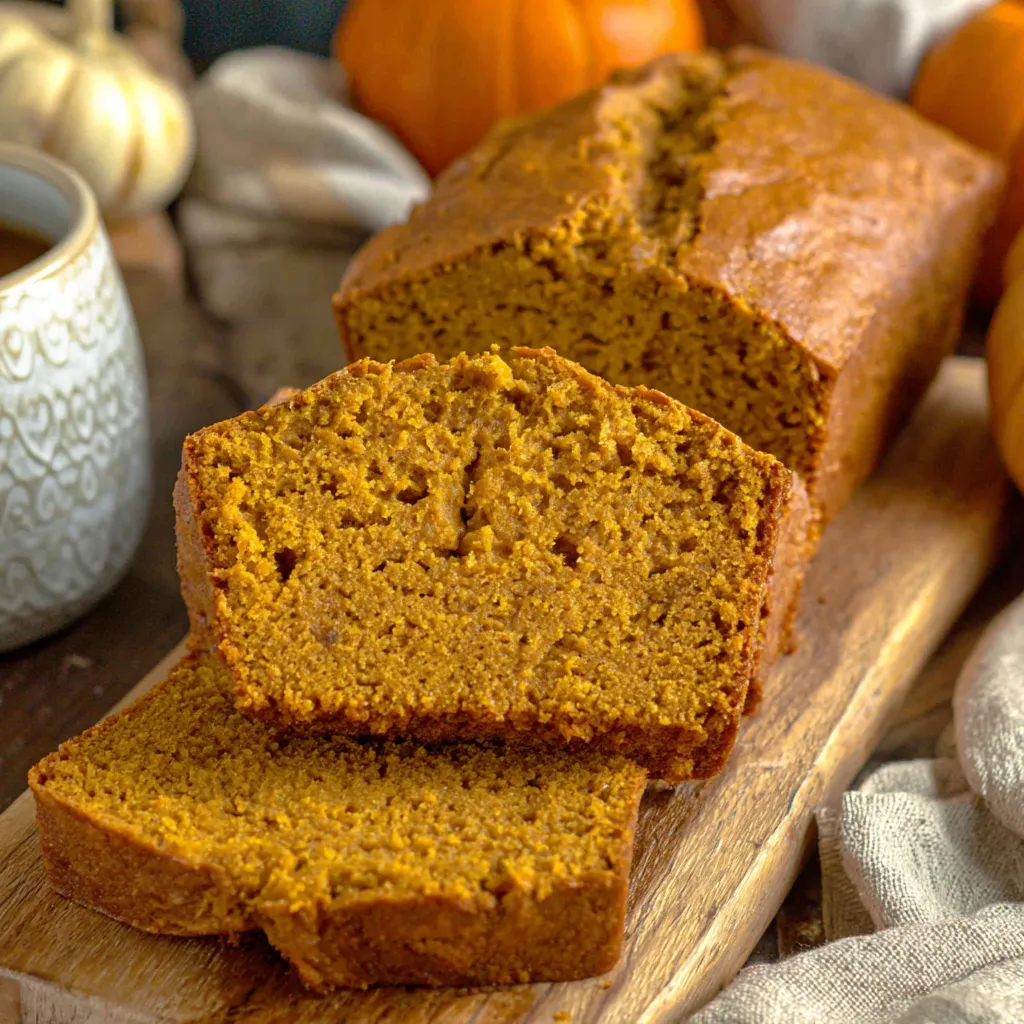 A loaf of pumpkin bread sits on a wooden cutting board.