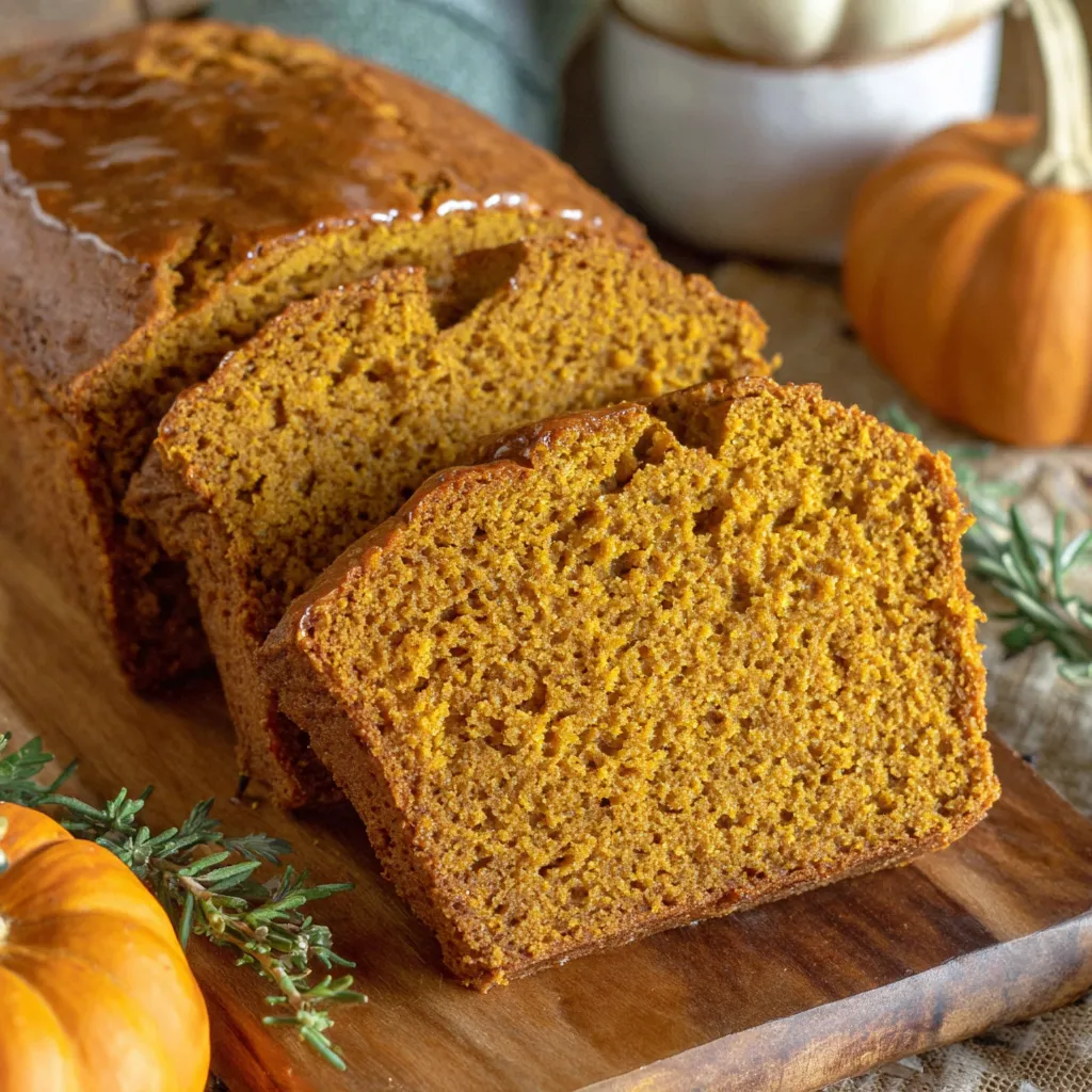 A loaf of pumpkin bread sits on a wooden cutting board.