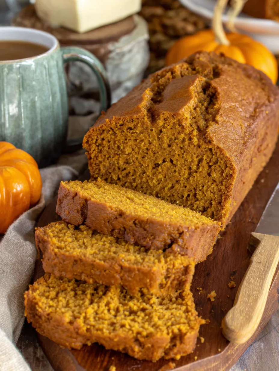 A slice of pumpkin bread on a wooden cutting board.