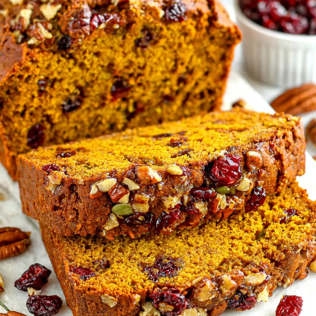 A slice of cranberry pecan pumpkin bread.