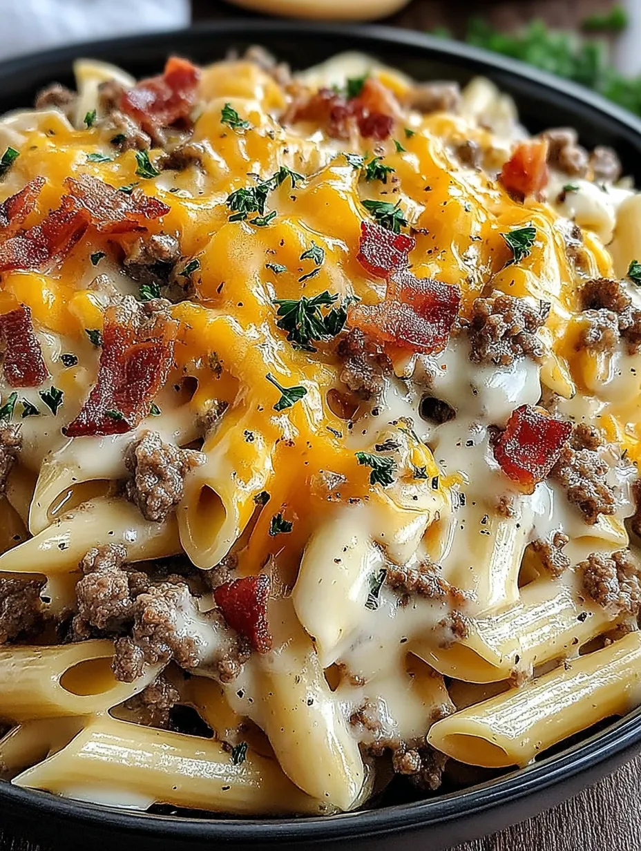 A bowl of pasta with cheese and bacon.