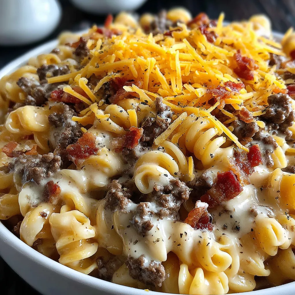 A bowl of pasta with cheese and bacon.
