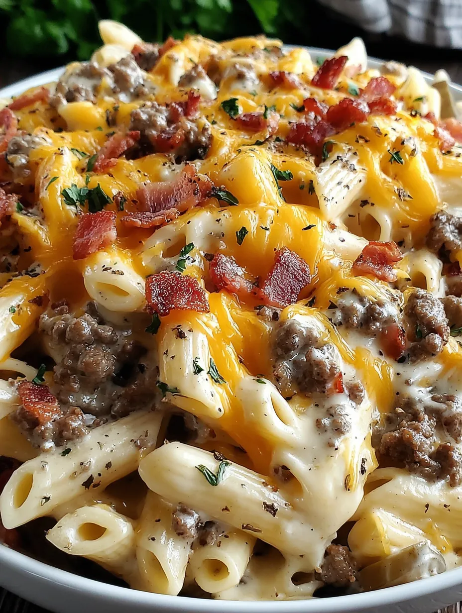 A plate of pasta with cheese and bacon.