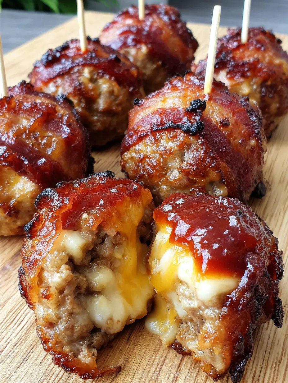 Bacon wrapped meatballs with cheese and bacon.