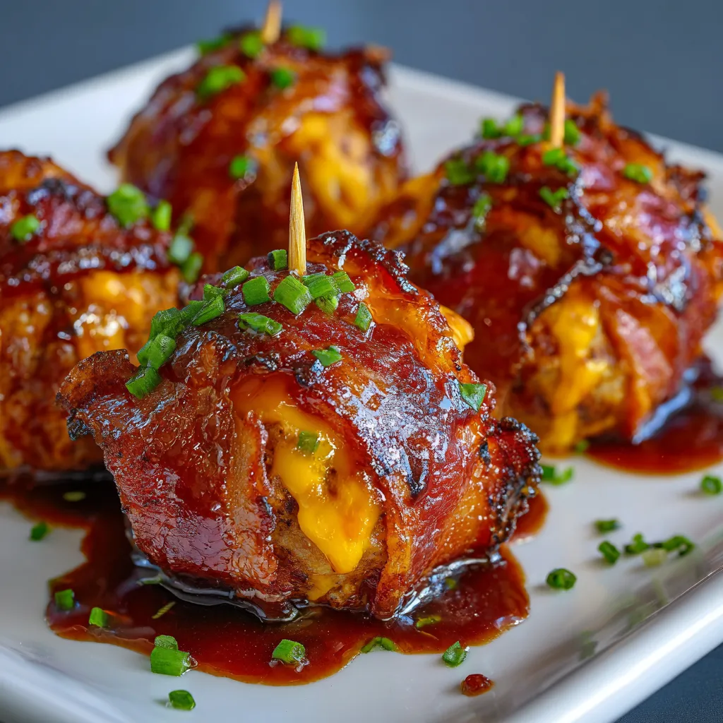 Bacon wrapped chicken bites with cheese and bacon.