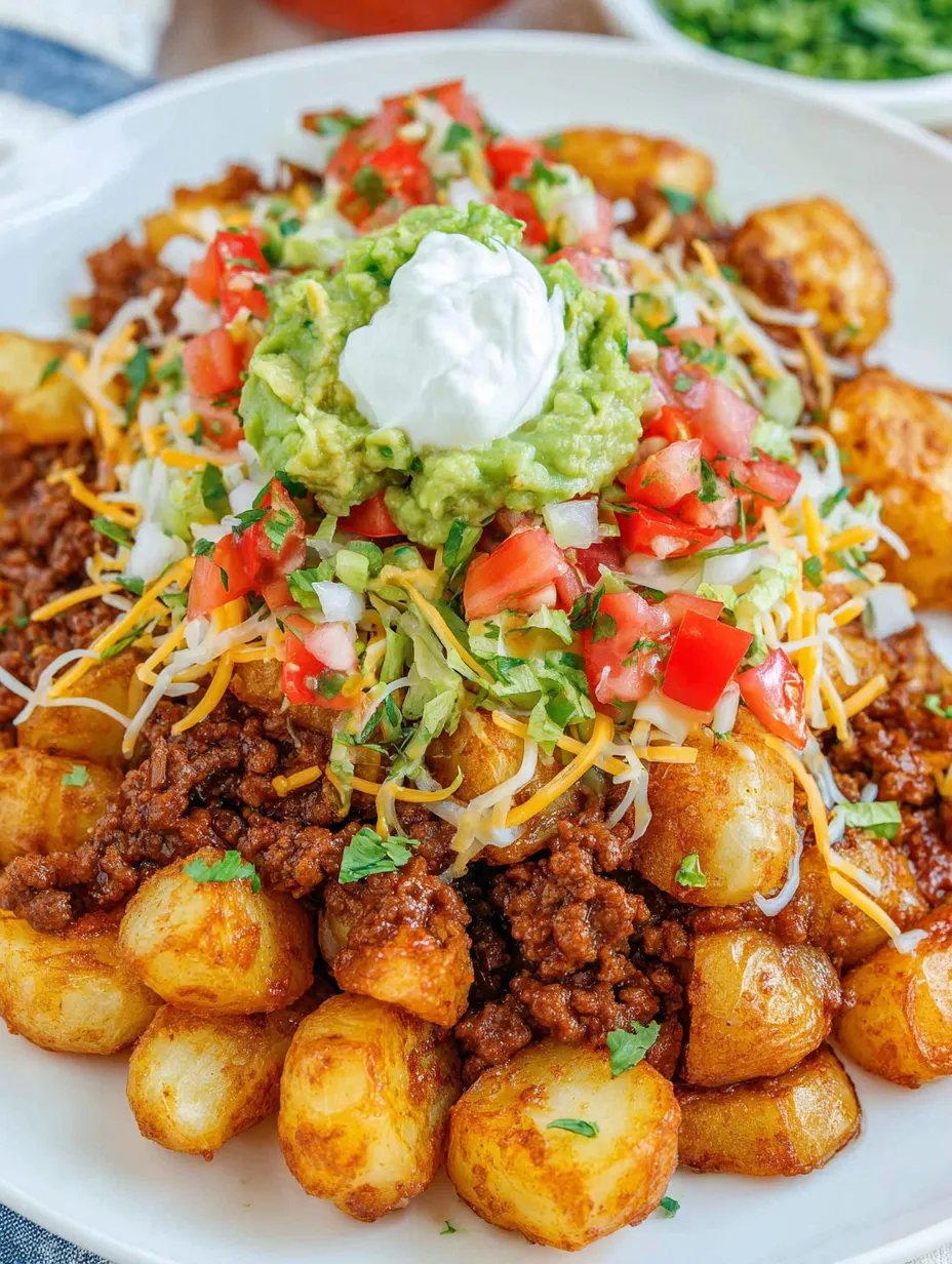 A plate of food with a taco potato on top.
