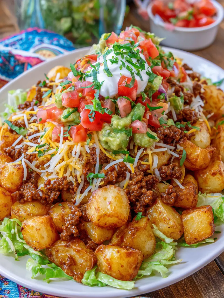 A plate of food with a taco potato on top.