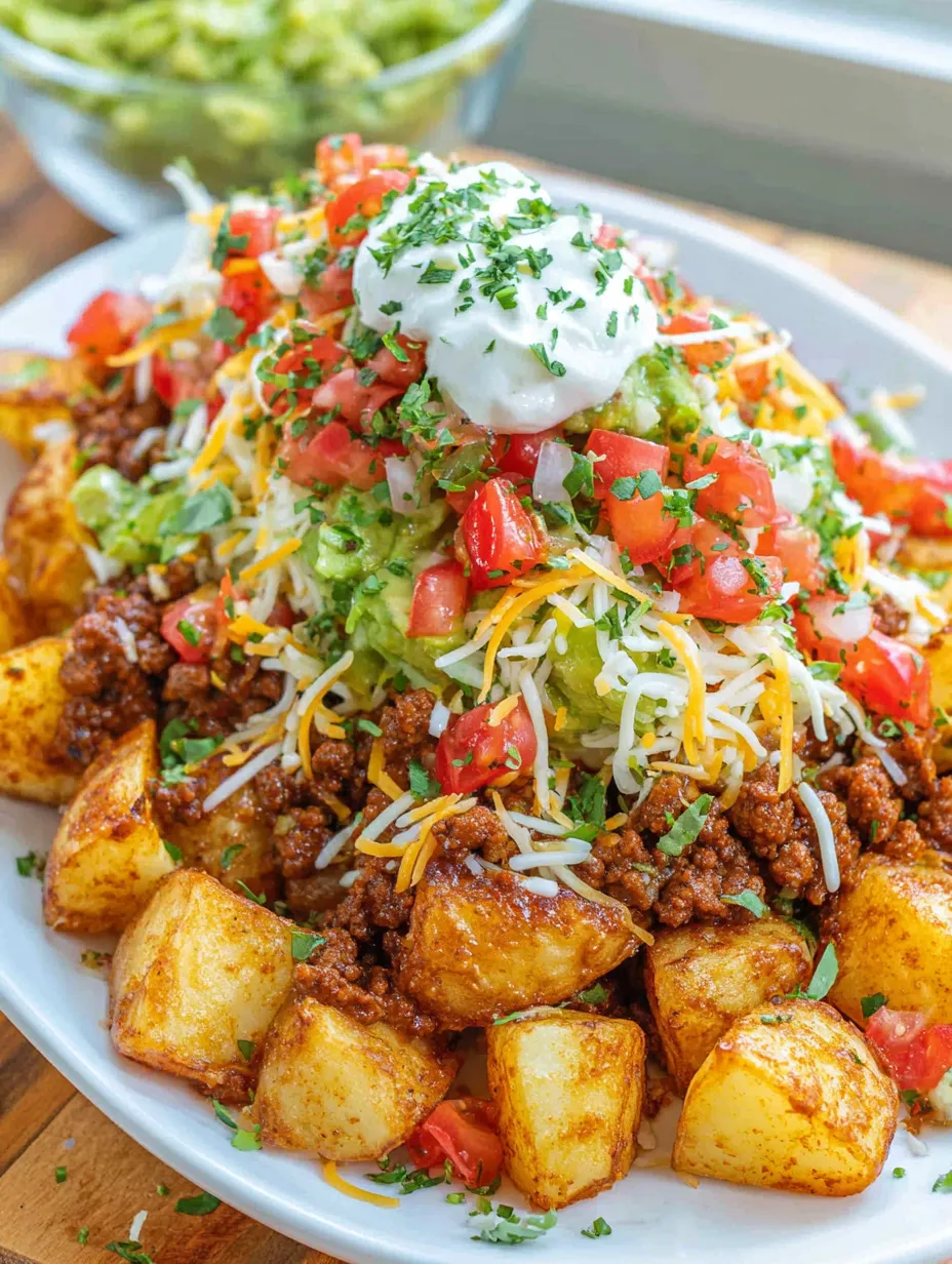 A plate of taco potatoes with cheese and tomatoes.