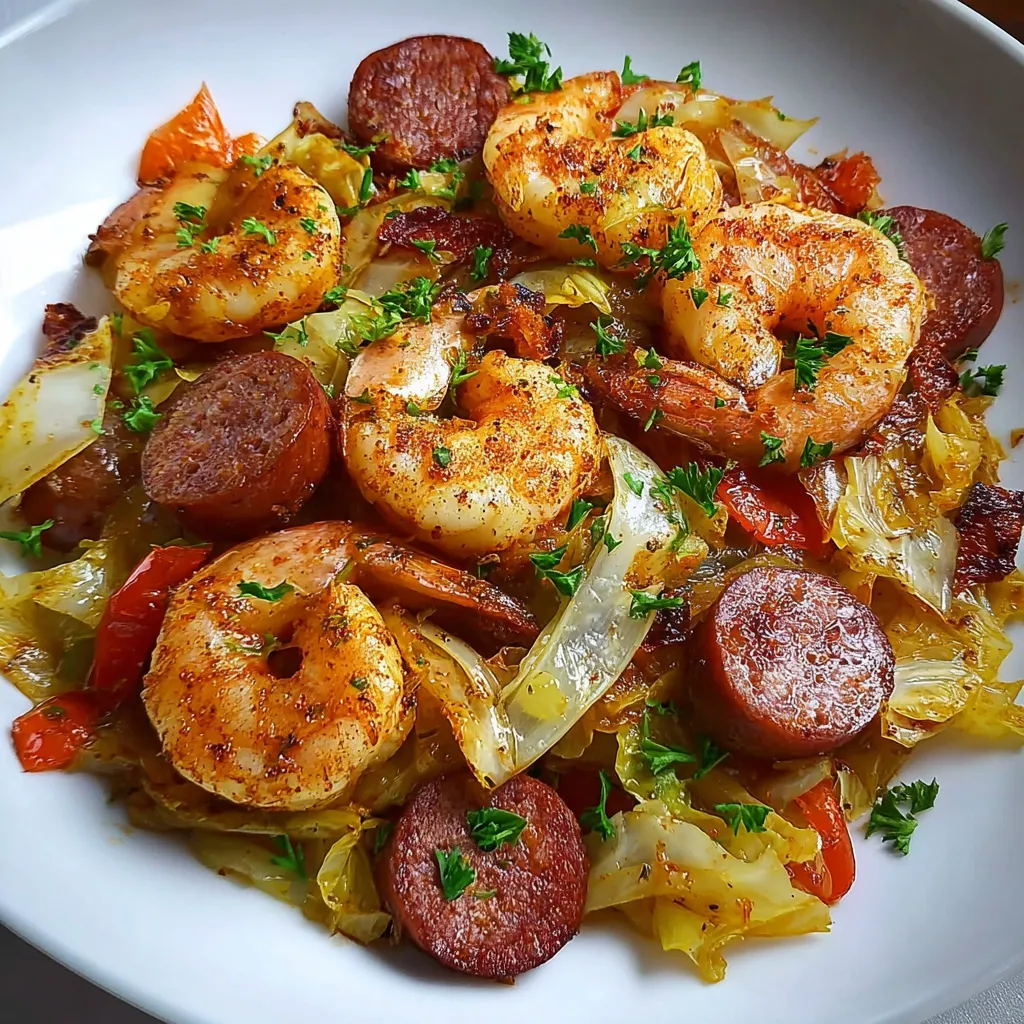 A plate of food with shrimp, sausage, and bacon.