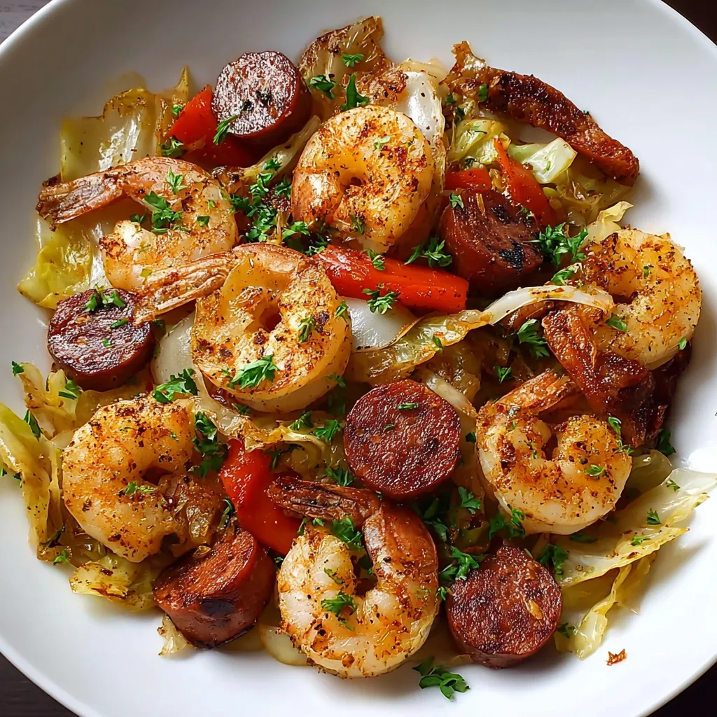A plate of food with shrimp, sausage, and bacon.