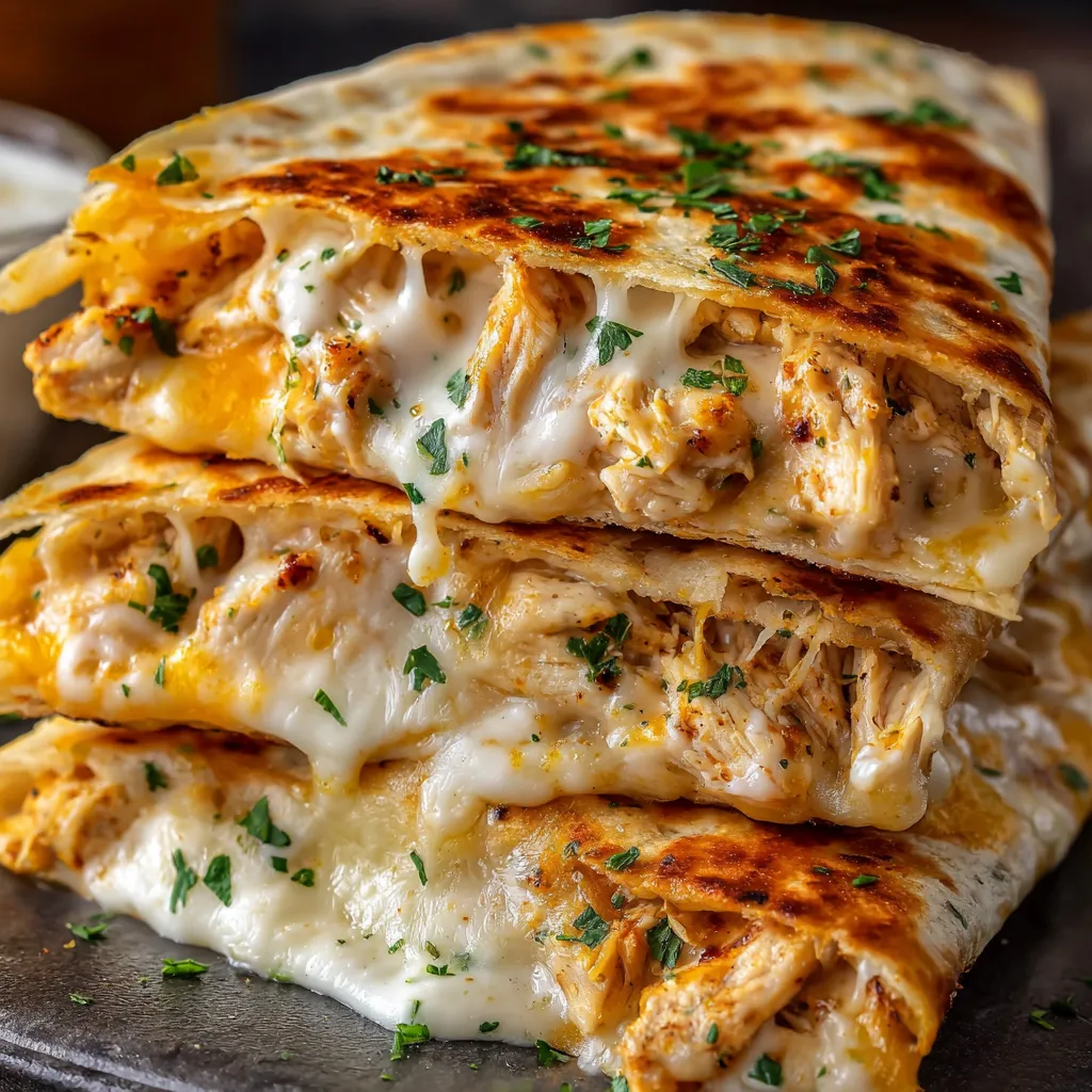 A stack of cheesy garlic chicken wraps.